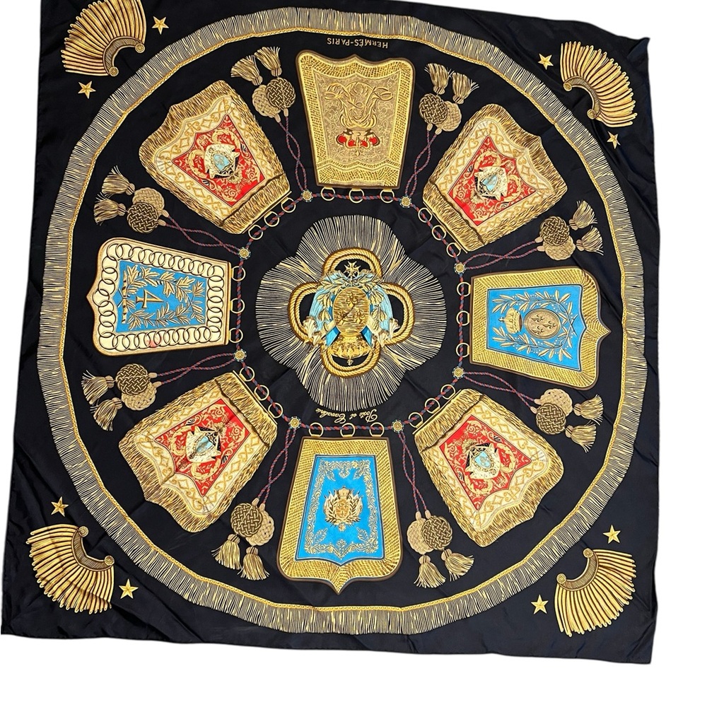 Hermes Black and Gold Scarf with Vibrant Accents